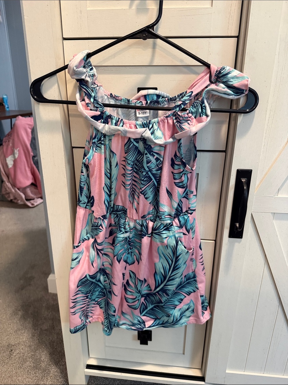 Girls Pink Tropical Leaf Off-Shoulder Dress